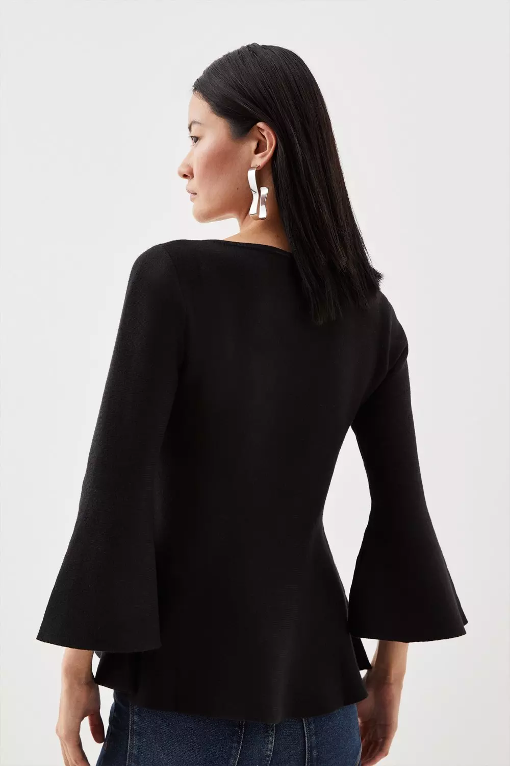 Black Compact Wool Look Knit Bell Sleeve Top alternative image