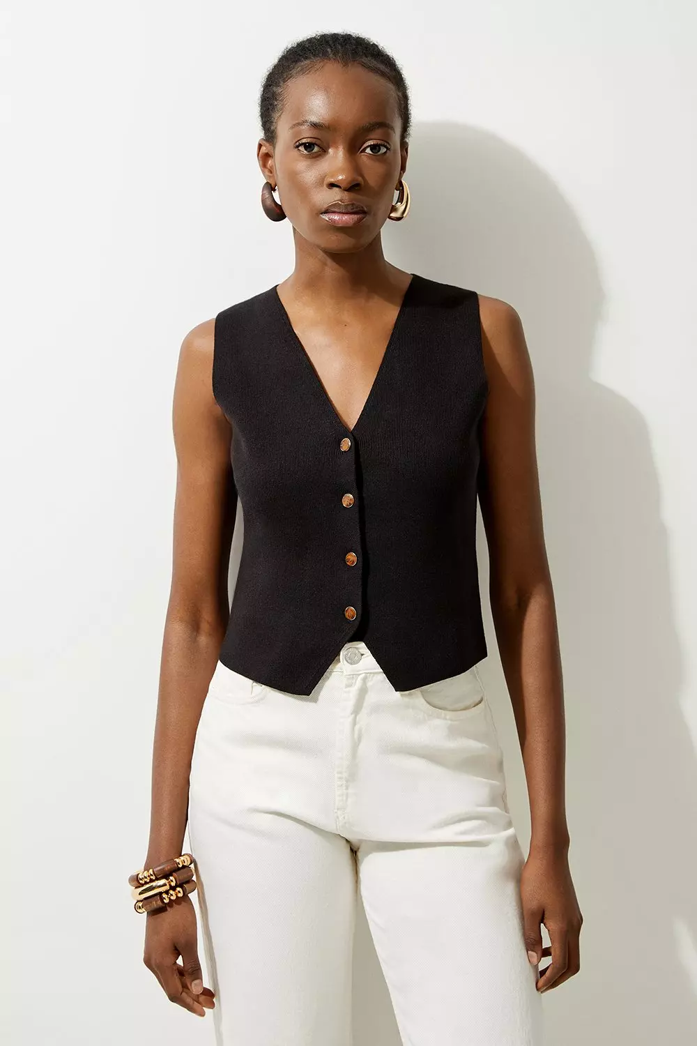 Ivory Compact Knit Wool Look V-Neck Tank Top Top alternative image