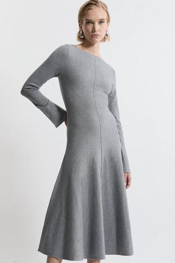 Lydia Millen Compact Knit Wool Look Full Skirt Midi Dress grey marl