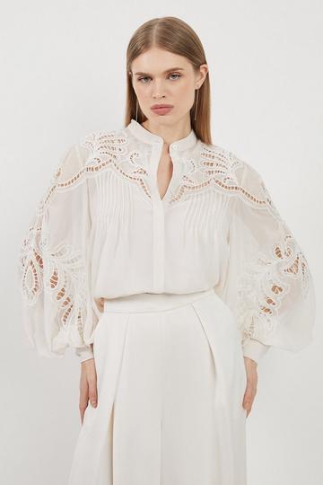 Cutwork Beaded Embroidered Woven Blouse grey