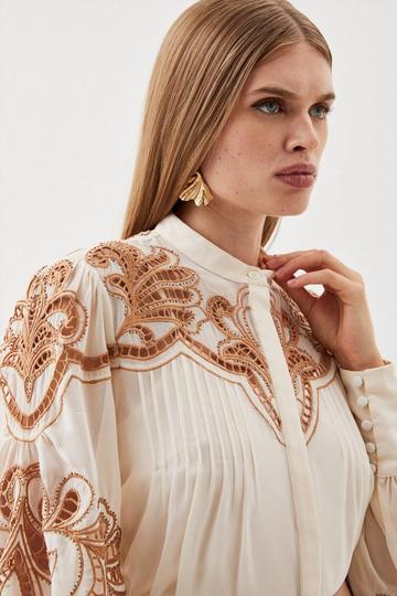 Cutwork Beaded Embroidered Woven Blouse ivory