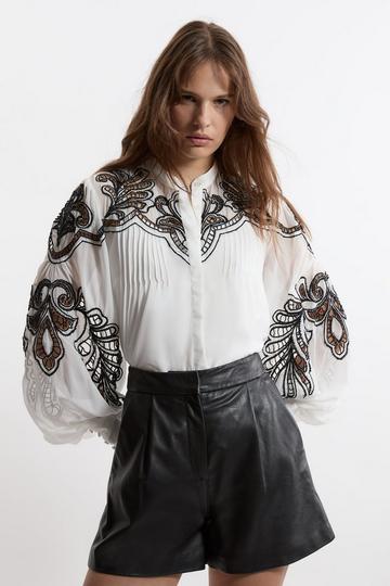 Cutwork Beaded Embroidered Woven Blouse mono