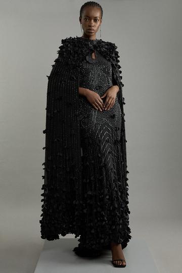 Black Crystal Applique Woven Maxi Cape