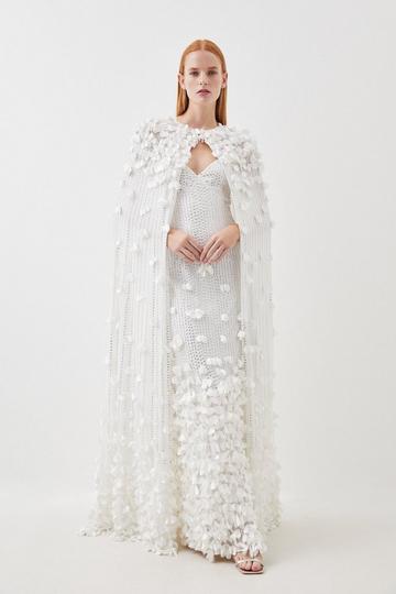 Floral Applique Crystal Embellished Woven Maxi Cape ivory