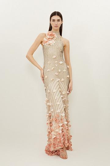 Crystal Applique Woven Maxi Rosette Maxi Dress gold