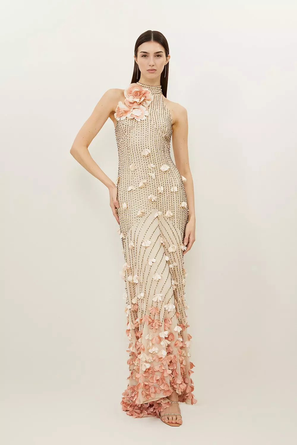 【KAREN MILLEN】 ケープ付きクリスタル装飾ビスコース ドレス Crystal Applique Woven Maxi Rosette Maxi Dress | Karen Millen
