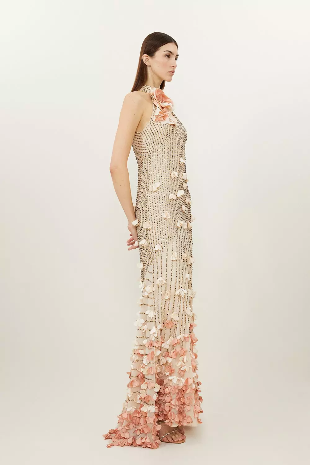 KAREN MILLEN* ビーズ クリスタル ロゼアップリケマキシドレス Crystal Applique Woven Maxi Rosette Maxi Dress | Karen Millen