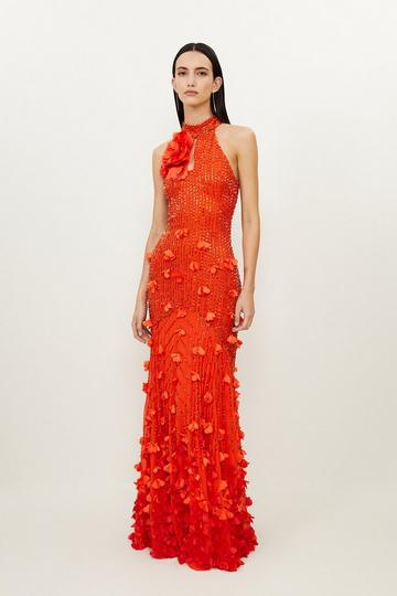 Orange Floral Applique Crystal Embellished Woven Maxi Rosette Maxi Dress