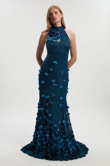 Crystal Applique Woven Maxi Rosette Maxi Dress teal