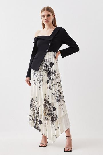 Black Lightweight Crepe Asymmetric Printed Skirt Tailored Midi Dress