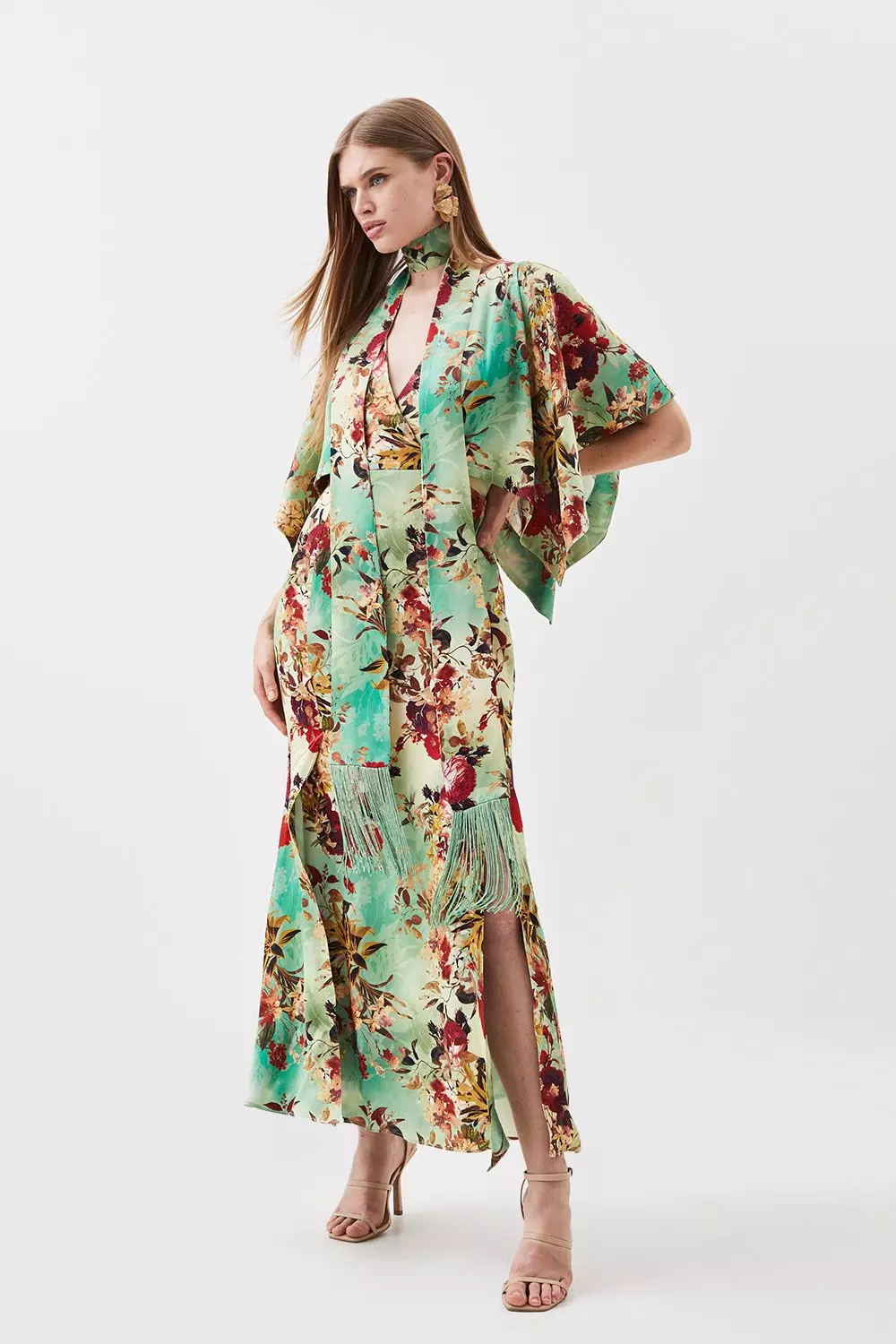 Floral Satin Crepe Tie Neck Woven Maxi Dress | Karen Millen