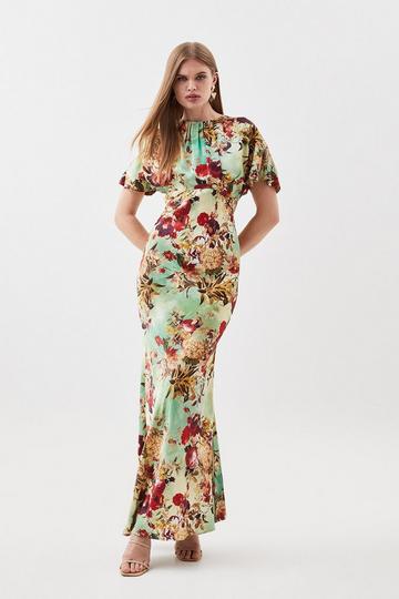 Multi Floral Satin Woven Crepe Maxi Dress