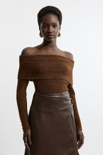 Wool Blend Cosy Off The Shoulder Knit Sweater chocolate