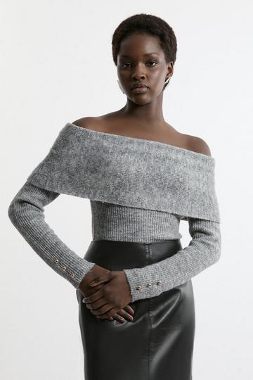 Wool Blend Cosy Off The Shoulder Knit Sweater grey marl