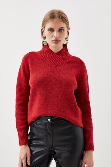 Red Wool Blend Cosy V Neck Knit Jumper