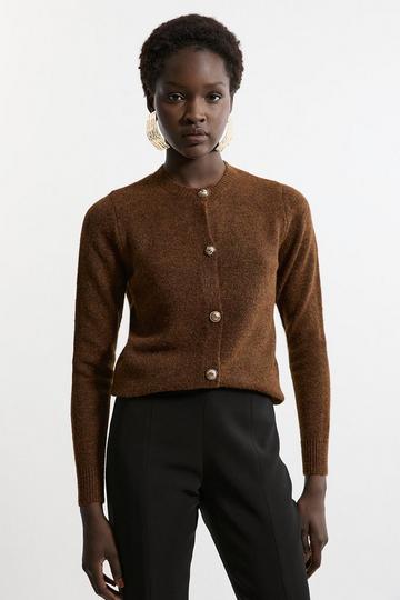 Wool Blend Cosy Crew Neck Knit Cardi chocolate