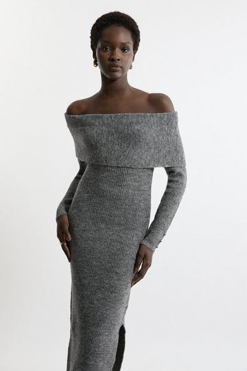 Wool Blend Cosy Bardot Knit Midi Dress charcoal