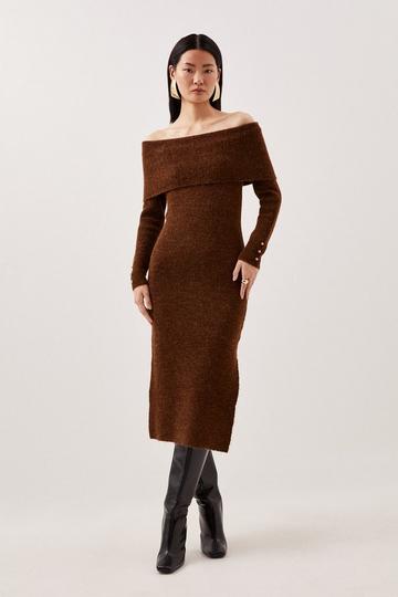 Wool Blend Cosy Bardot Knit Midi Dress chocolate