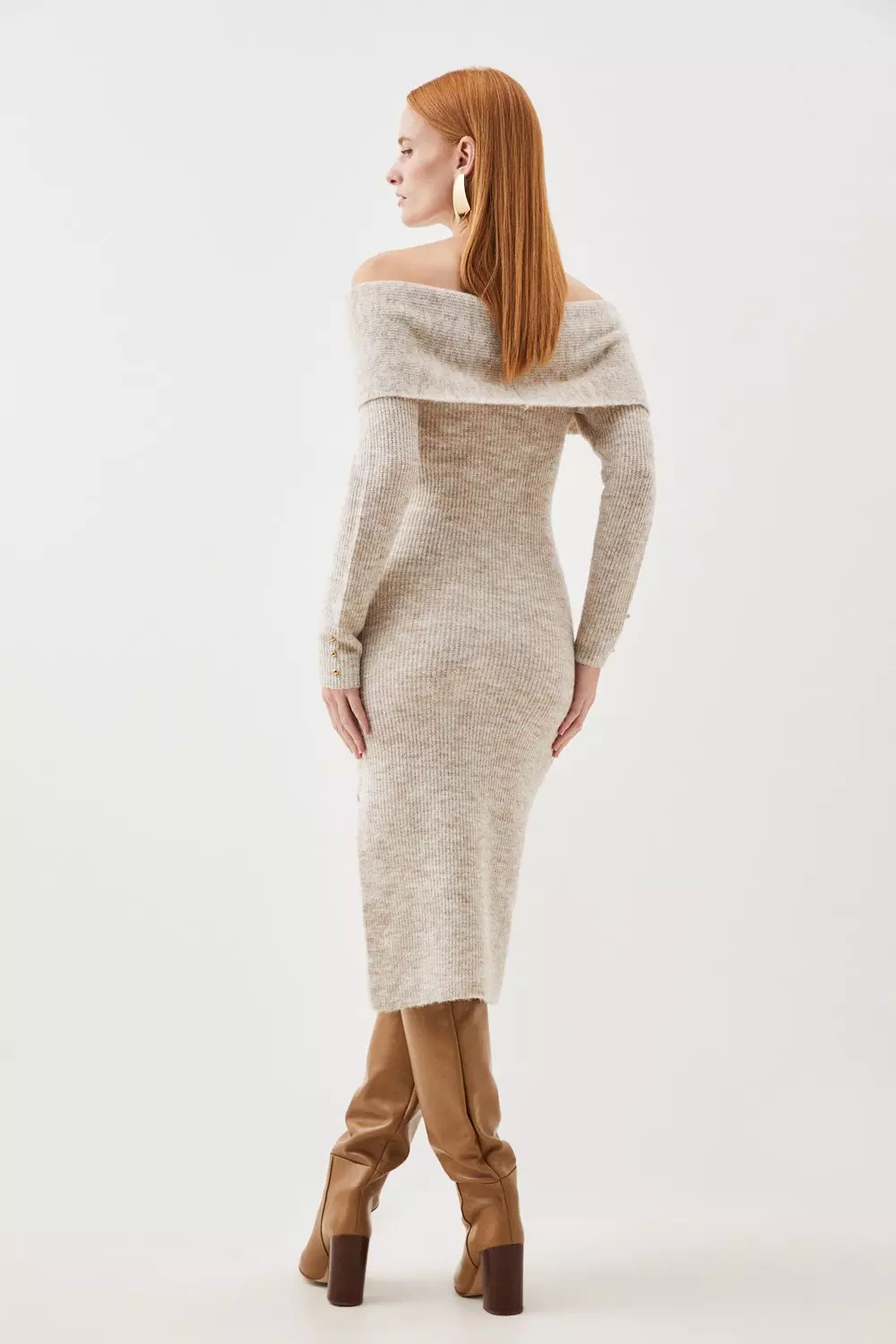 Wool Blend Cosy Off The Shoulder Knit Midi Dress | Karen Millen