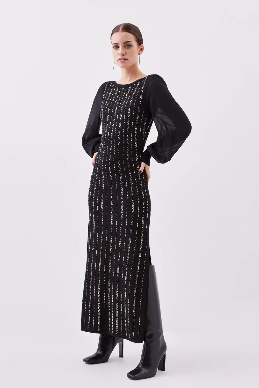 Petite Embellished Chiffon Sleeve Knit Midaxi Dress | Karen Millen