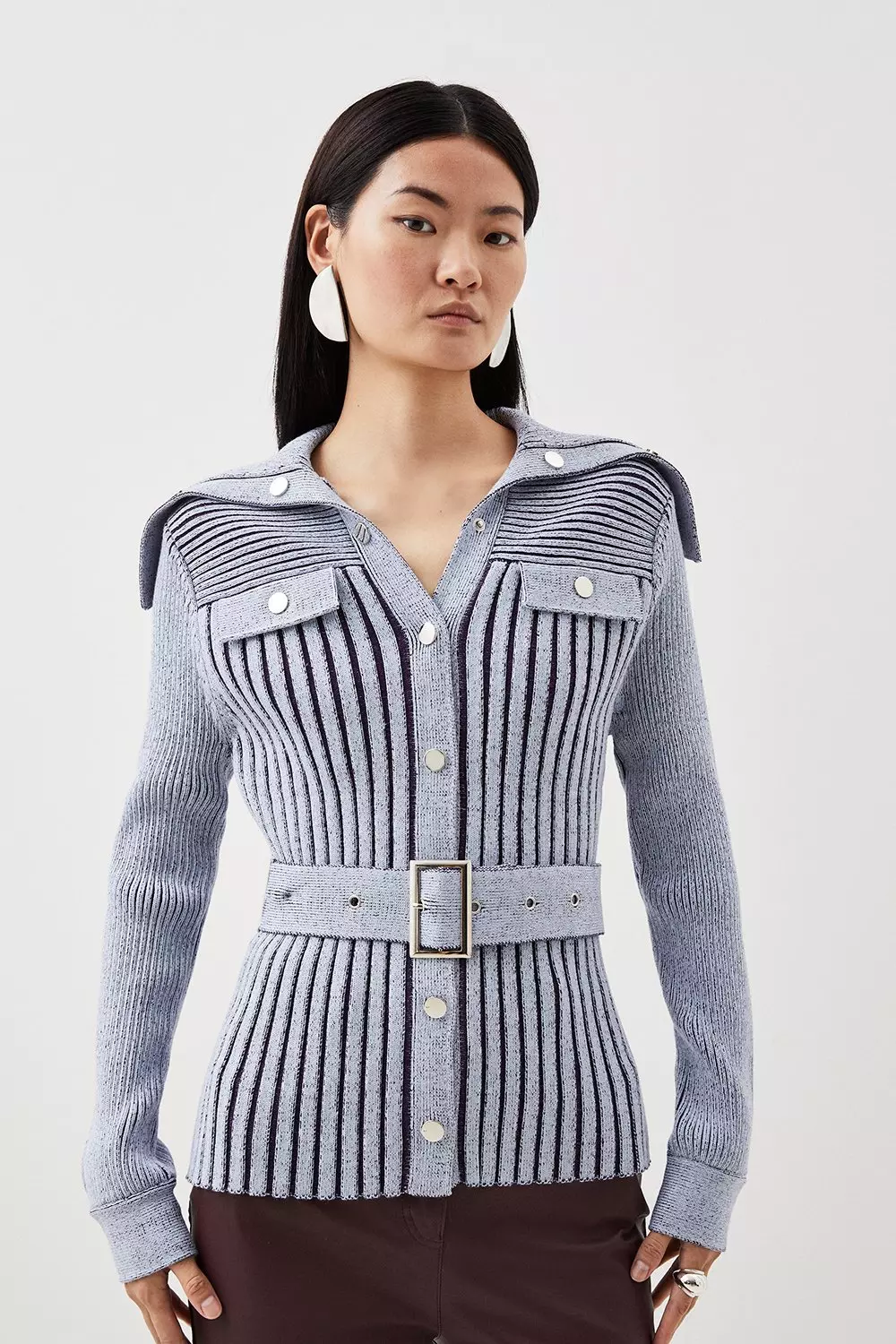 Blue Viscose Blend Belted Utility Chambray Rib Knit Cardigan alternative image