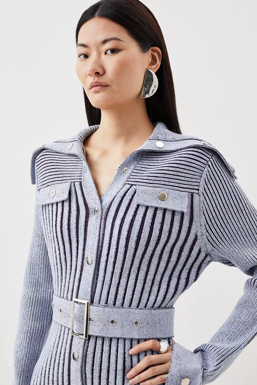 Blue Viscose Blend Belted Utility Chambray Rib Knit Cardigan alternative image