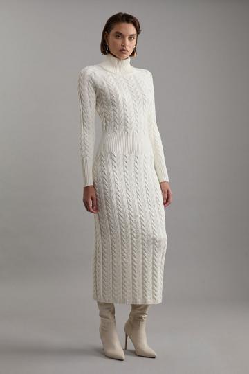 Cream White Cable Knit Funnel Neck Maxi Dress