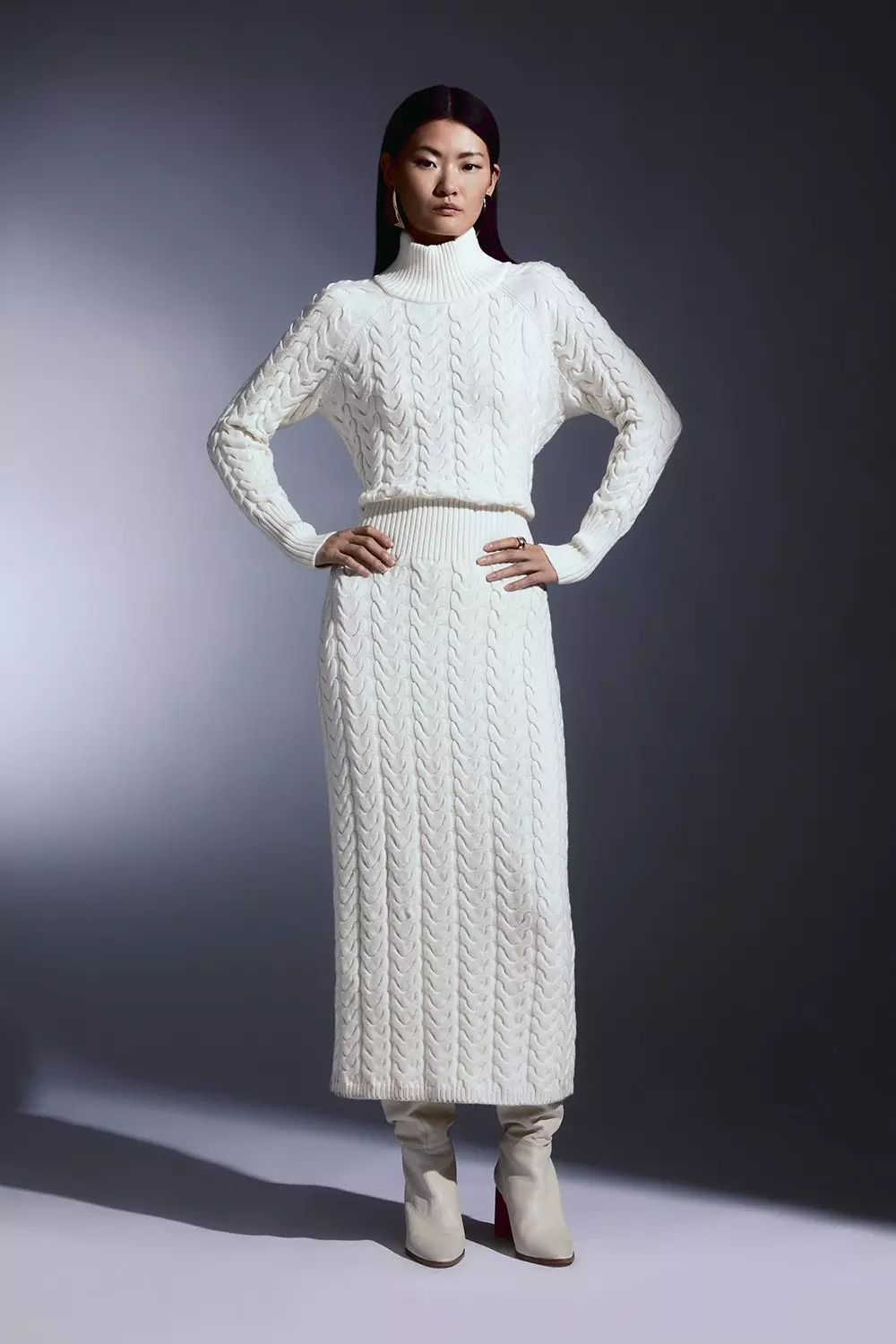 Ivory Cable Knit Funnel Neck Maxi Dress alternative image
