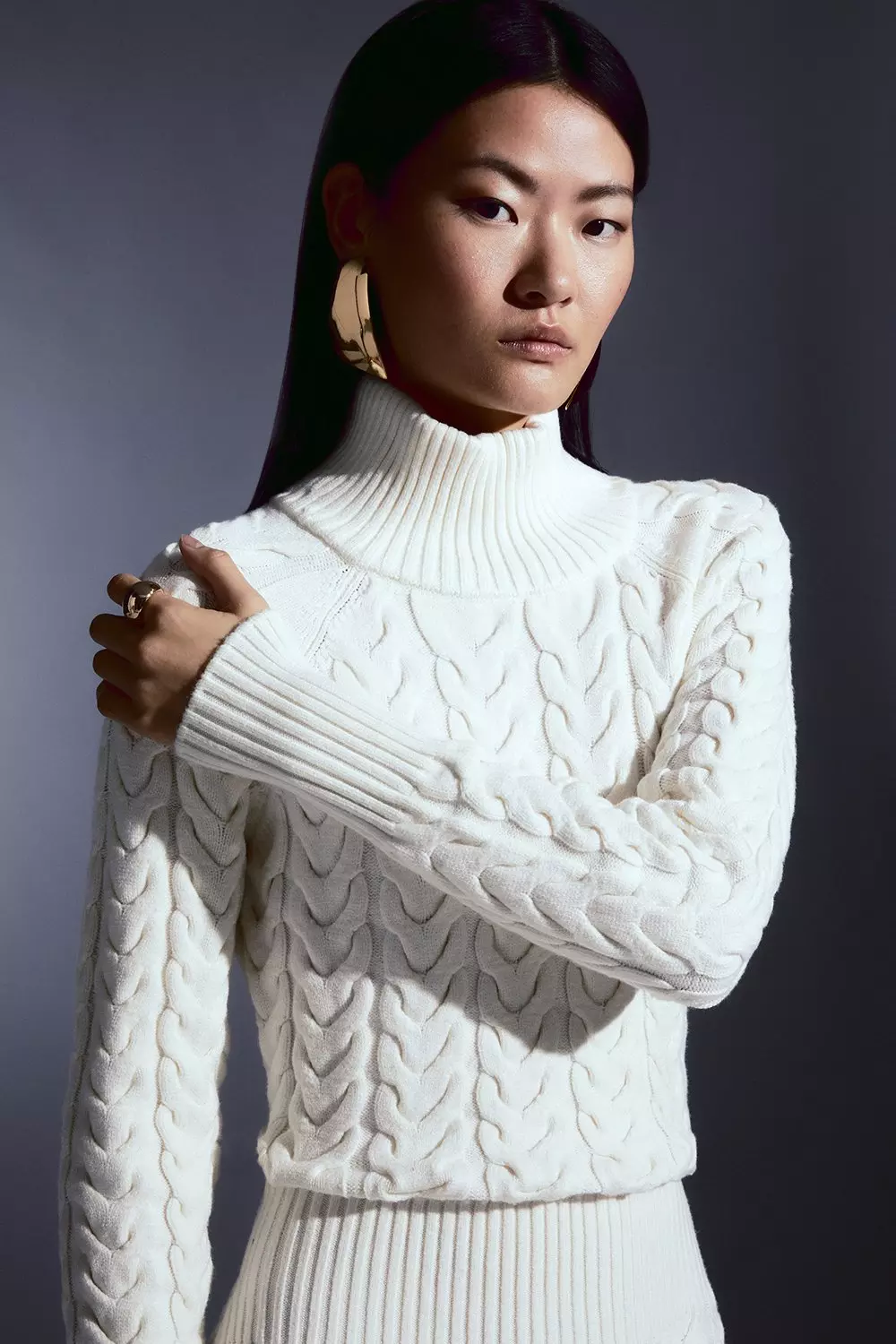 Ivory Cable Knit Funnel Neck Maxi Dress alternative image