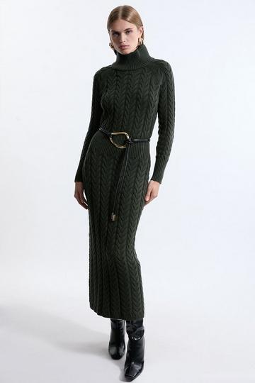 Cable Knit Funnel Neck Maxi Dress olive