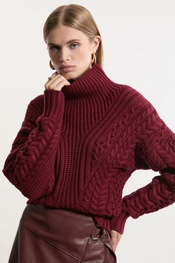 Cable Knit Balloon Sleeve Sweater burgundy