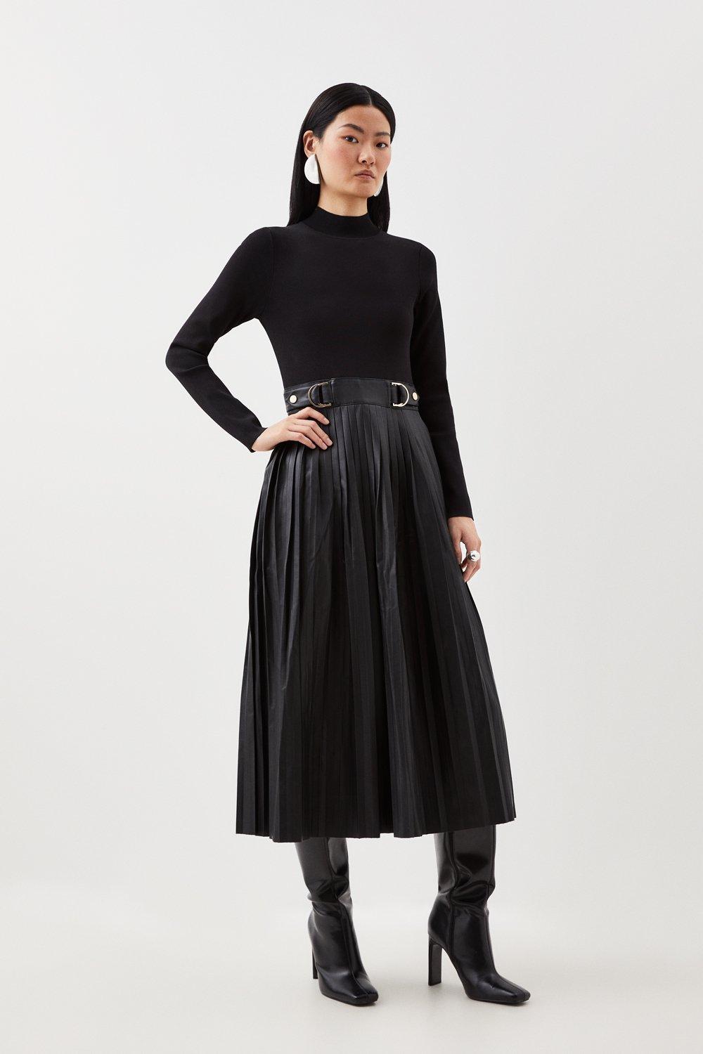 Pu Knit Pleated Skirt Midi Dress