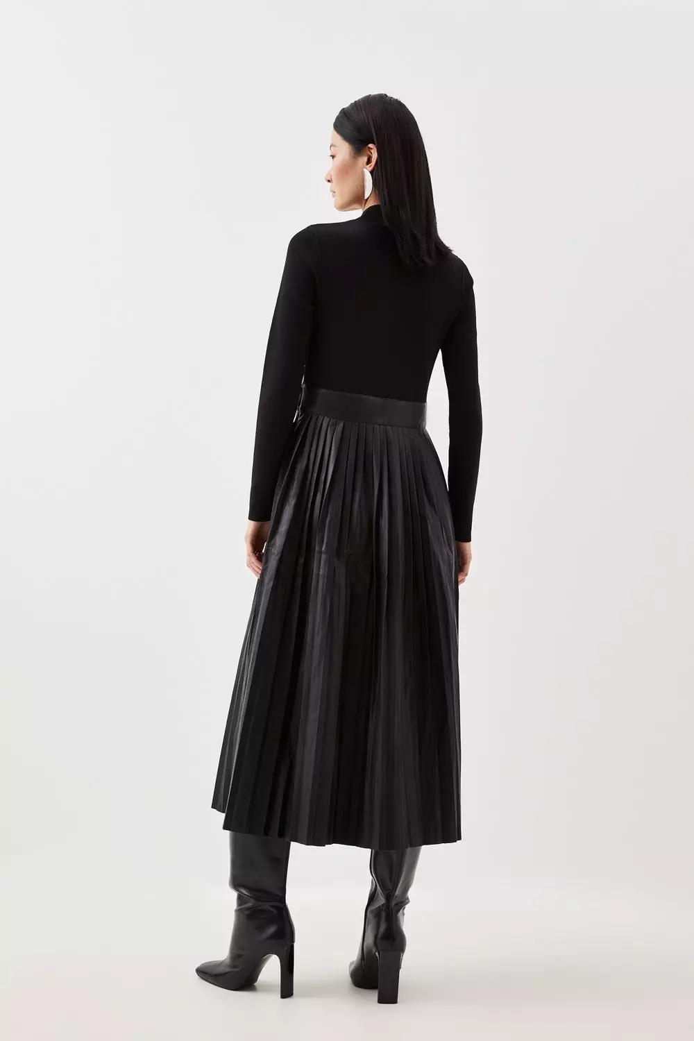 Black faux leather pu pleated midi skirt best sale