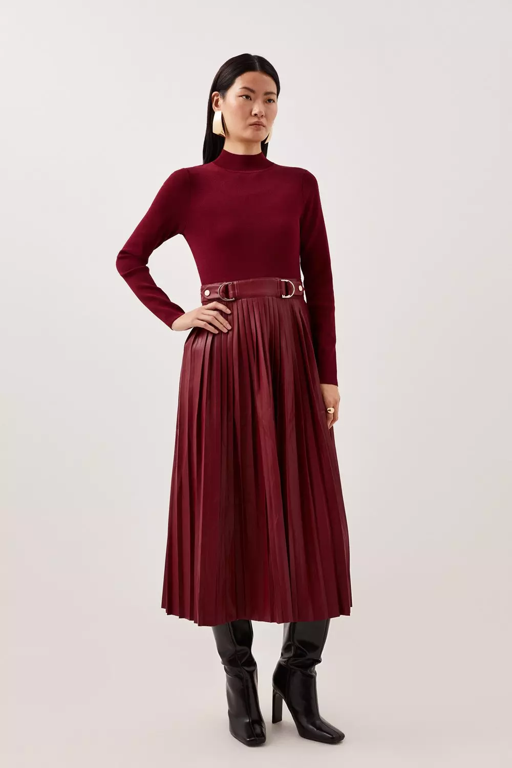 Pu Knit Pleated Skirt Midi Dress Karen Millen