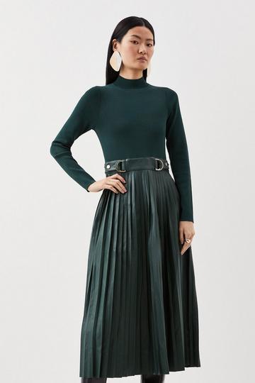 Teal Green Pu Knit Pleated Skirt Midi Dress