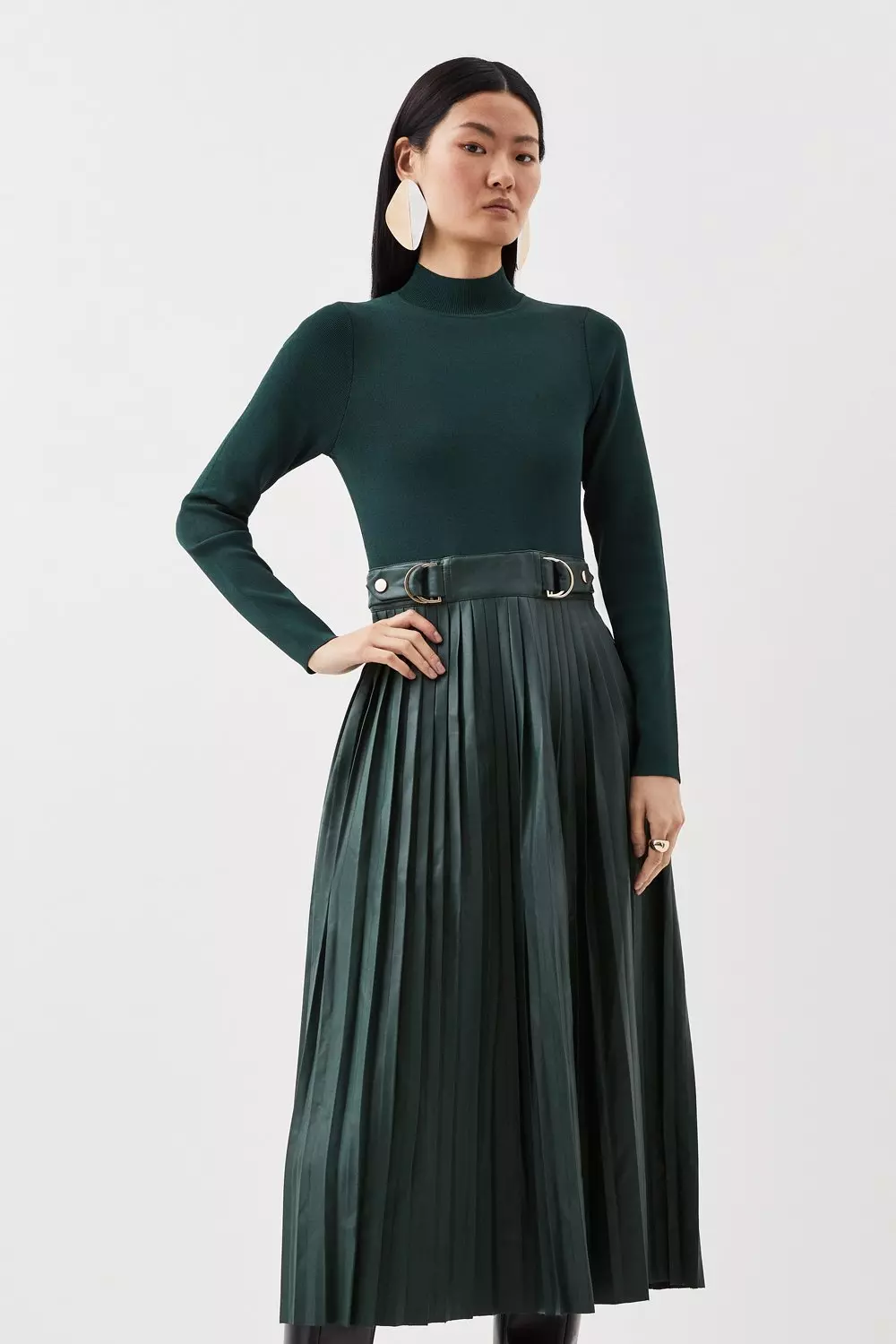 Pu Knit Pleated Skirt Midi Dress Karen Millen