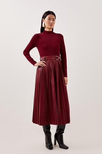 Burgundy Red Petite Viscose Blend Knit Pu Pleated Skirt Maxi Dress