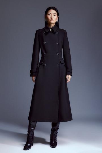Black Compact Stretch Double Breasted Pleat Detail Full Skirt Coat