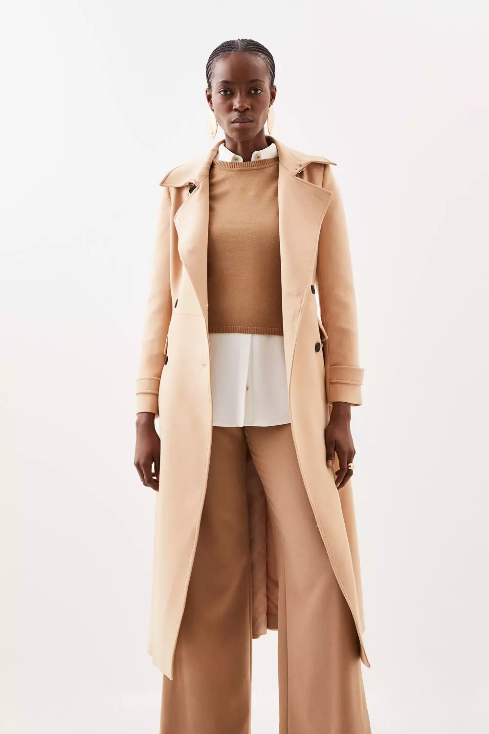 Compact Stretch Double Breasted Pleat Detail Full Skirt Midi Coat Karen Millen
