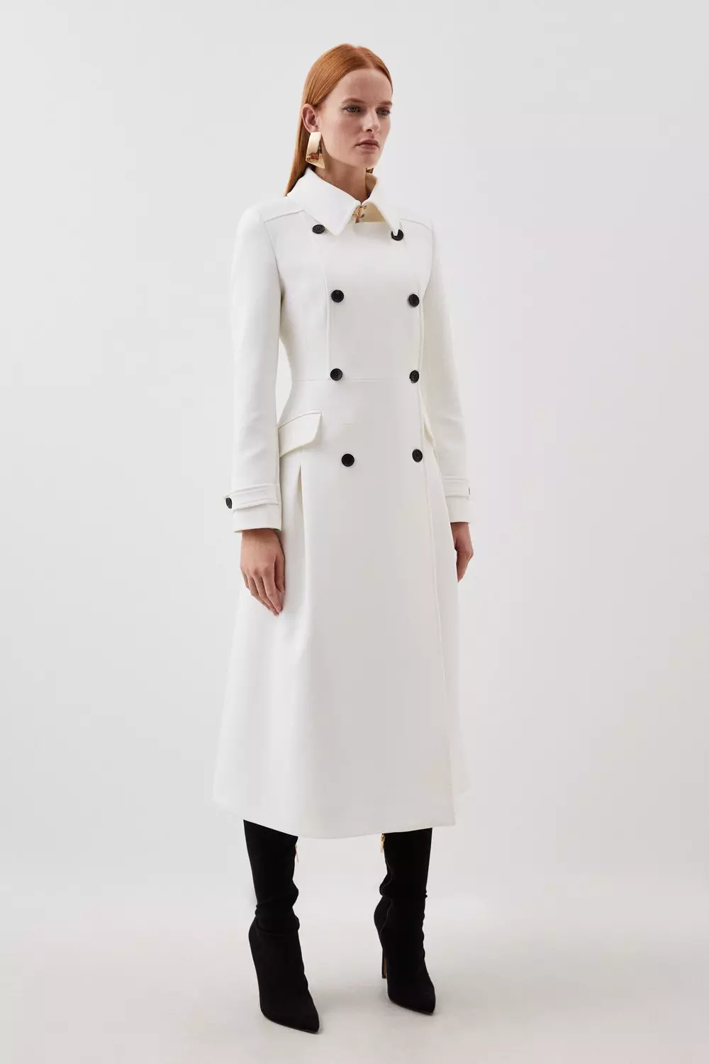 muguet stand collar midi coat  (ivory） Tailored Double Breasted Pleat Detail Full Skirt Midi Coat