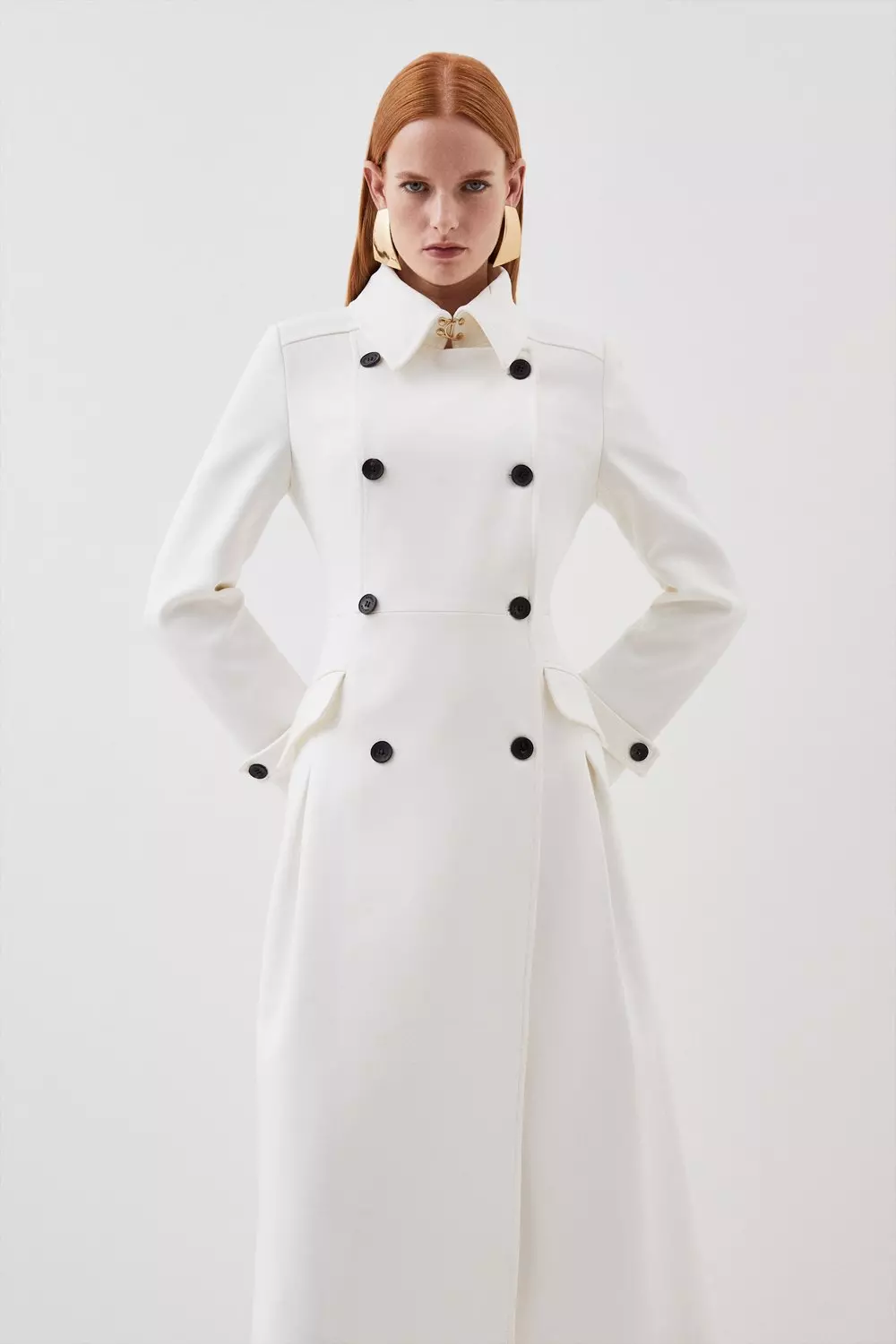 muguet stand collar midi coat  (ivory） Tailored Double Breasted Pleat Detail Full Skirt Midi Coat