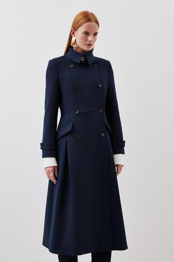 Compact Stretch Double Breasted Pleat Detail Full Skirt Midi Coat navy