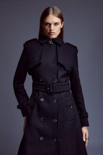 Italian Wool Blend Tailored Storm Flap Detail Belted Trench Coat black