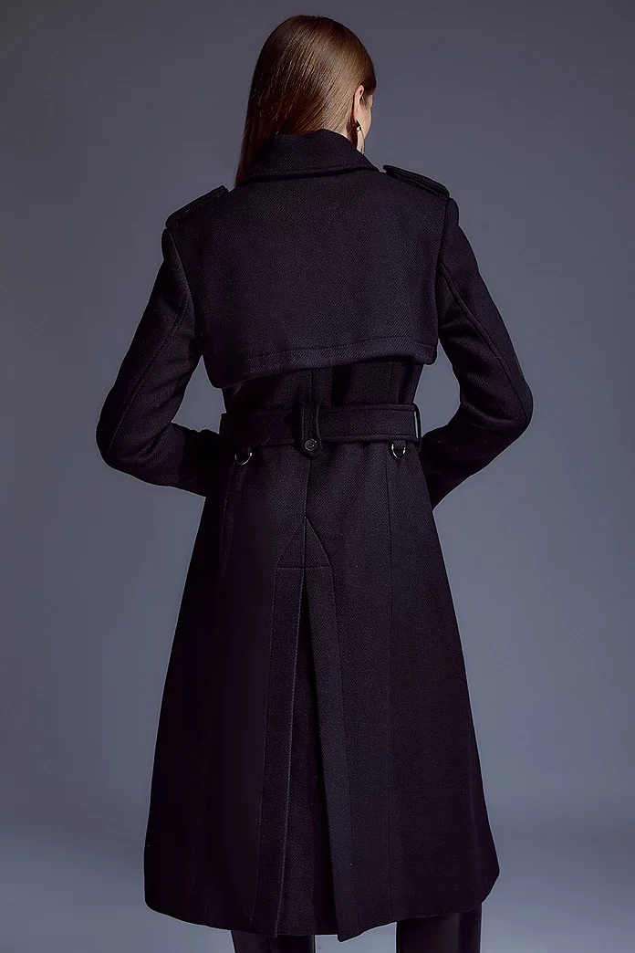 Italian Manteco Wool Blend Tailored Storm Flap Detail Belted Italian Manteco Wool Blend Tailored Storm Flap Detail Belted