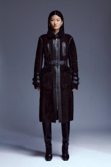 Black Leather And Shearling Mix Long Aviator Coat