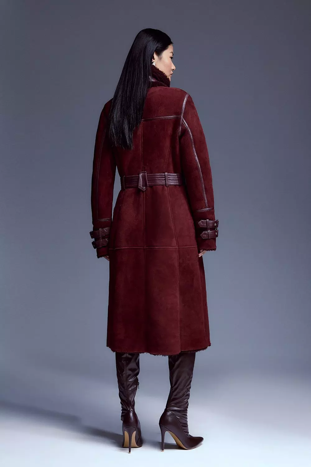 Leather And Shearling Mix Long Aviator Coat | Karen Millen