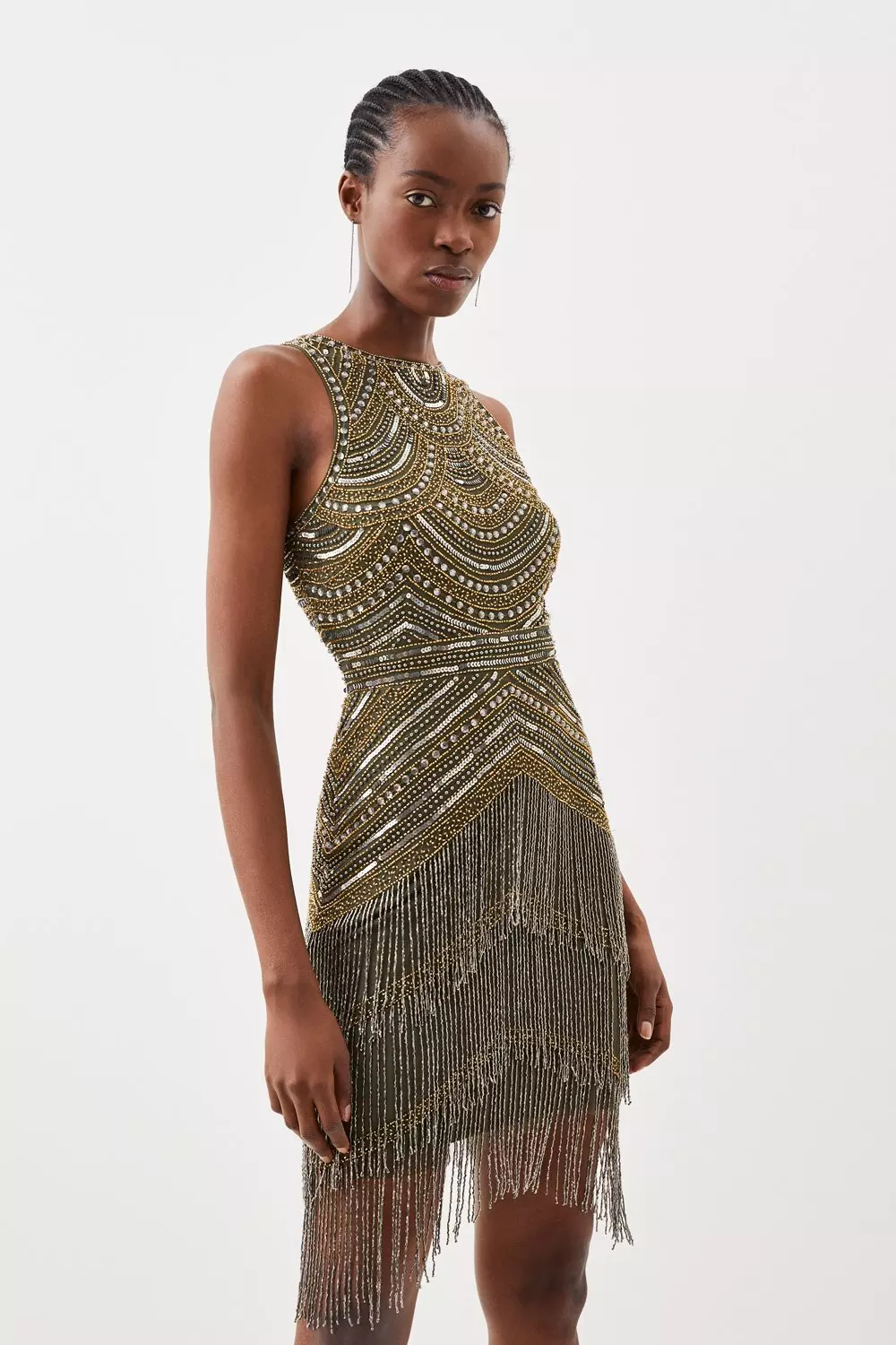 Halter Neck Beaded And Embellished Fringe Woven Mini Dress Karen Millen