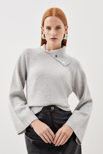 Grey Envelope Neck Cashmere Knit Sweater