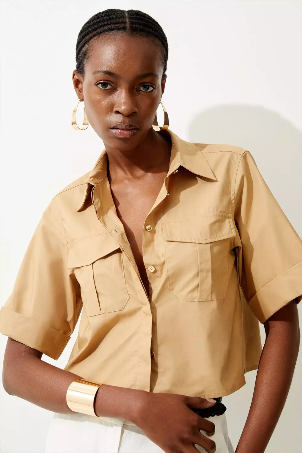 Cotton Sateen Cropped Boxy Shirt Karen Millen