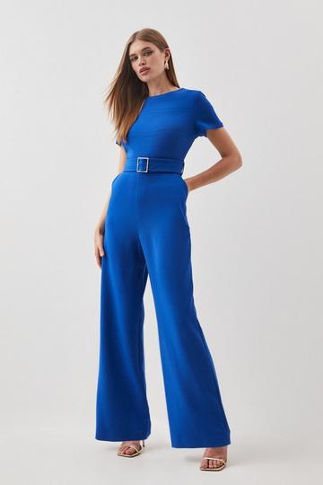 Compact Stretch Belted Wide Leg Tailored Jumpsuit cobalt